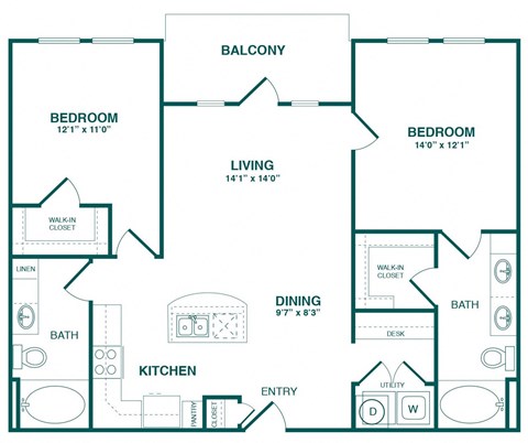 Floor plan for 2 beds, 2 baths, 1062 sqft